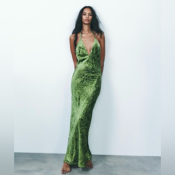 Zara Dresses & Skirts - Zara Green Zebra Print velvet halter Dress